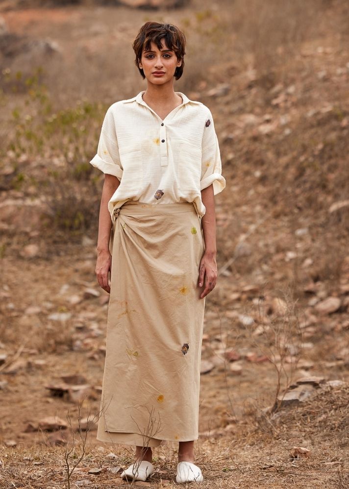 A Model Wearing Beige Cotton Mul Oxford wrap skirt, curated by Only Ethikal