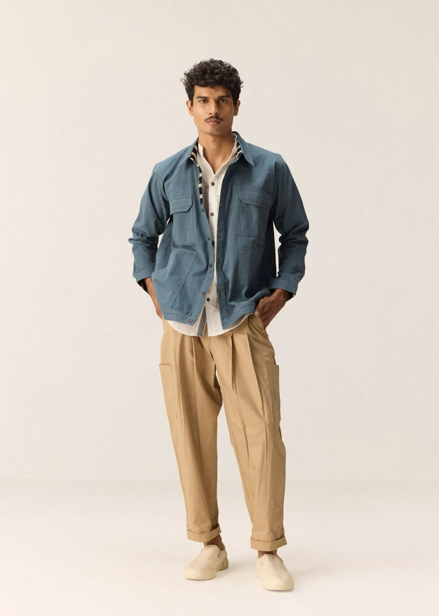 A Model Wearing Blue Cotton Twill Coastal Line Shacket, curated by Only Ethikal