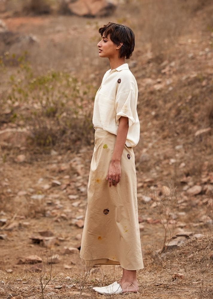 A Model Wearing Beige Cotton Mul Oxford wrap skirt, curated by Only Ethikal