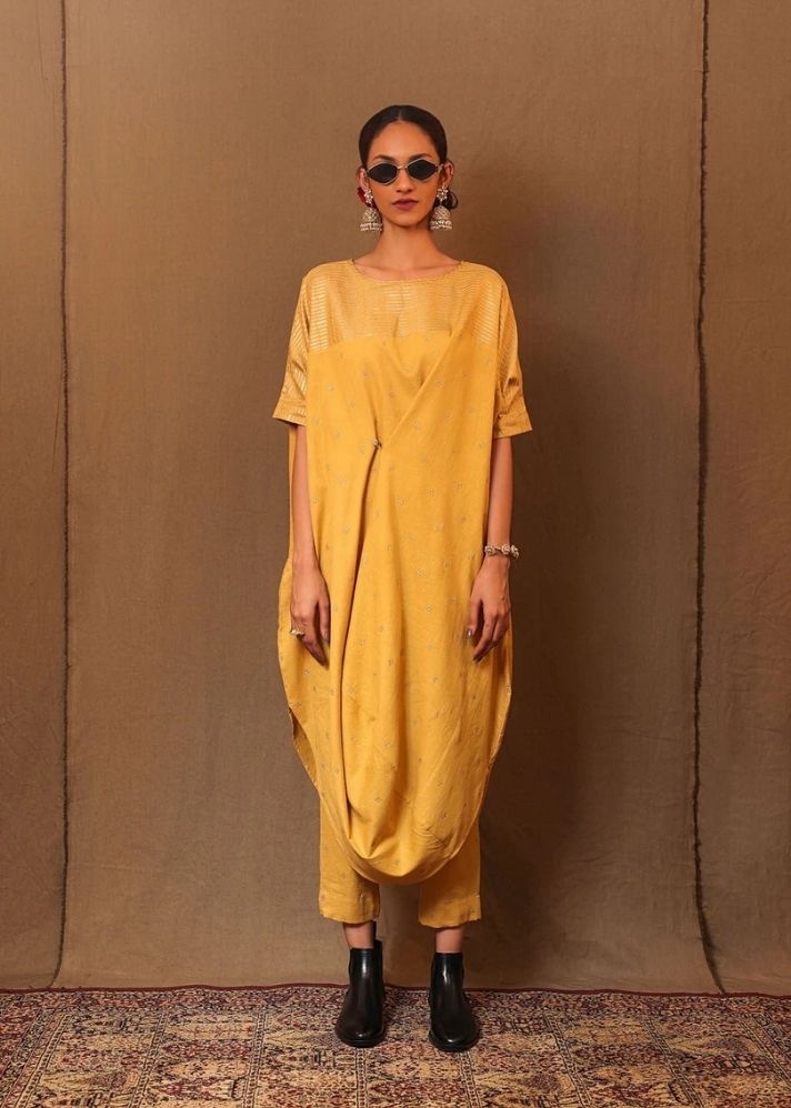 A Model Wearing Yellow Pure Cotton Mustard Club Emb Buttoned Cowl Tunic Set (2 Pcs), curated by Only Ethikal