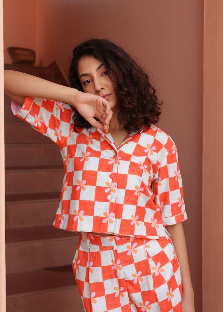 A Model Wearing Multicolor Organic Cotton Andres Co-Ord Set- Peach Checks, curated by Only Ethikal