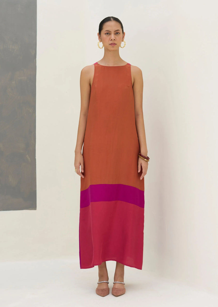 A Model Wearing Pink Silk Nida Sleeveless Mulberry Silk Dress - Rose, curated by Only Ethikal
