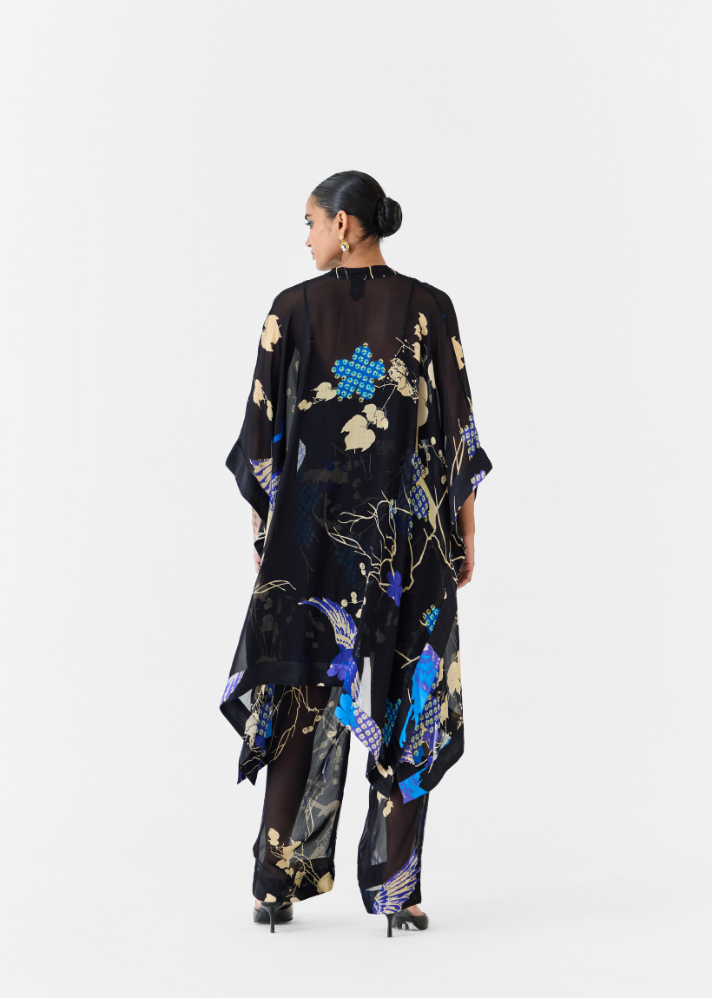 Black Crane Organza Kimono & Pants Co-Ord