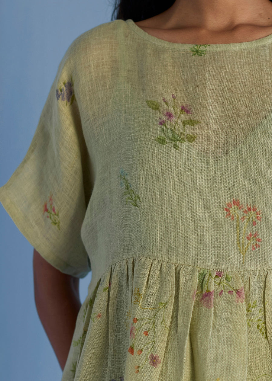Uniko Pleated Floral Linen Dress - Mint