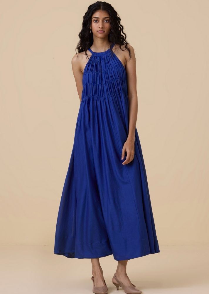 A Model Wearing Blue Cotton Silk Iram Royal Blue Maxi Dress , curated by Only Ethikal