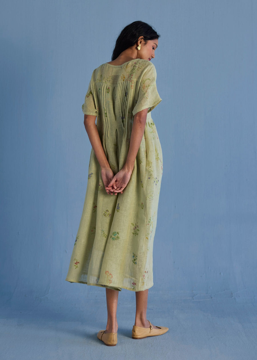 Uniko Pleated Floral Linen Dress - Mint