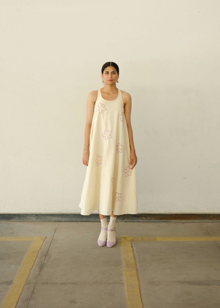 A Model Wearing White Organic Cotton Baby Lilac Dress, curated by Only Ethikal