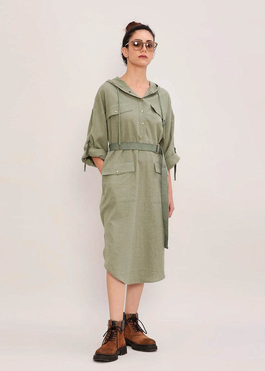 A Model Wearing Green, Rust, Blue Pure Cotton Capsule Edit Safari Pocket Hooded Dress, curated by Only Ethikal
