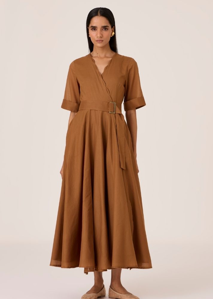 A Model Wearing Brown Organic Cotton Bilel Brown Maxi Wrap Dress, curated by Only Ethikal