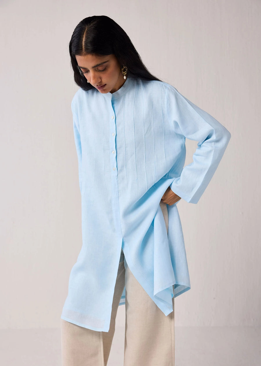 Regular Fit Hemp Tunic With Side Slits In Light Blue