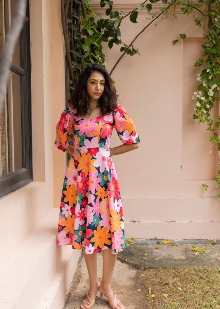 A Model Wearing Multicolor Organic Cotton Blair Dress- Mosaic Pink Print, curated by Only Ethikal