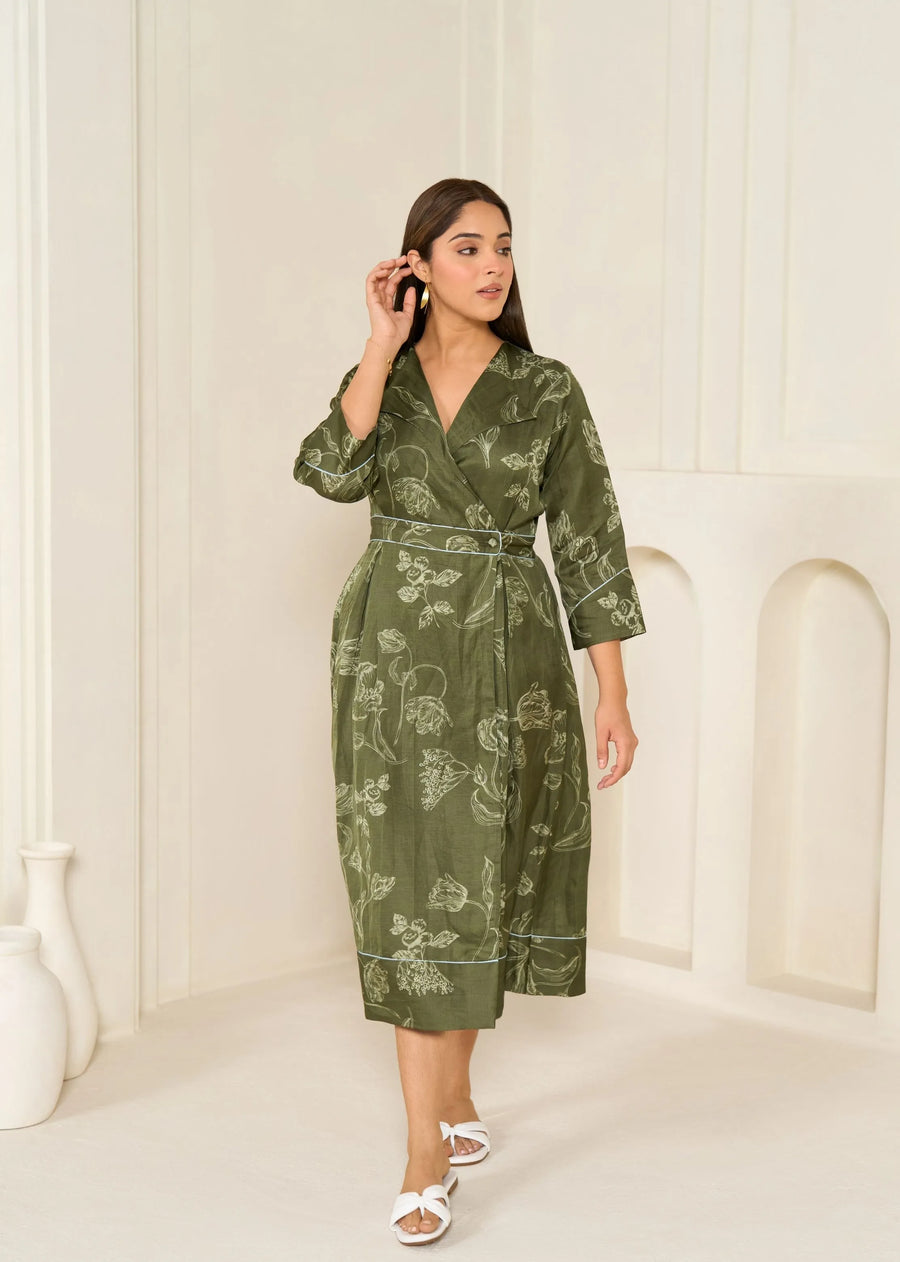 A Model Wearing Olive Linen Bemberg Liberty Wrap Dress, curated by Only Ethikal