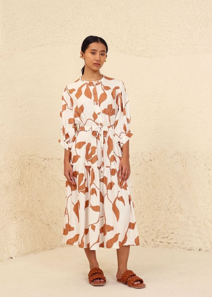 A Model Wearing Multicolor Lyocell Luna Beige Print Dress, curated by Only Ethikal