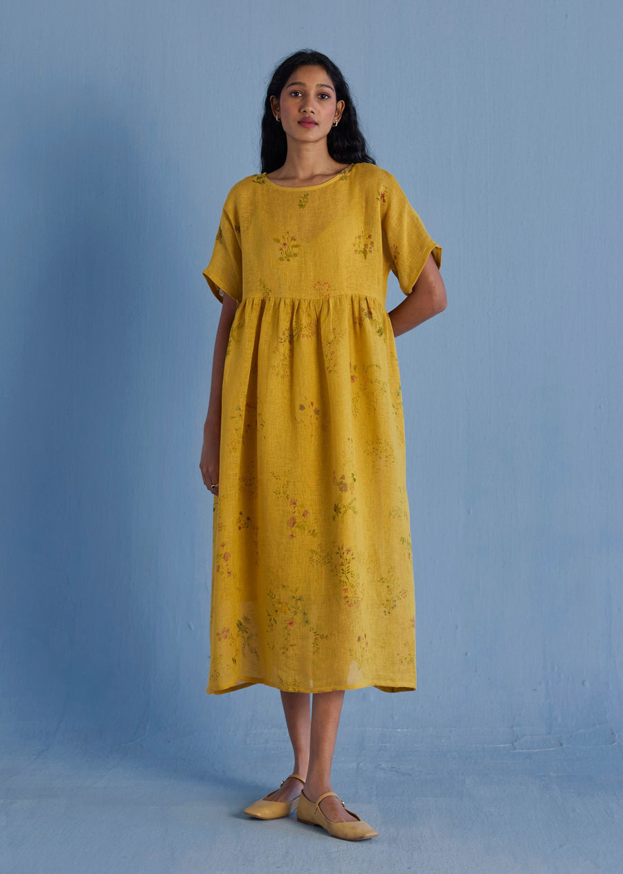 Uniko Pleated Floral Linen Dress - Ochre
