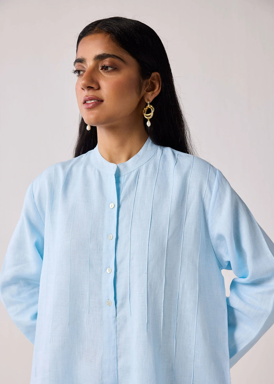 Regular Fit Hemp Tunic With Side Slits In Light Blue