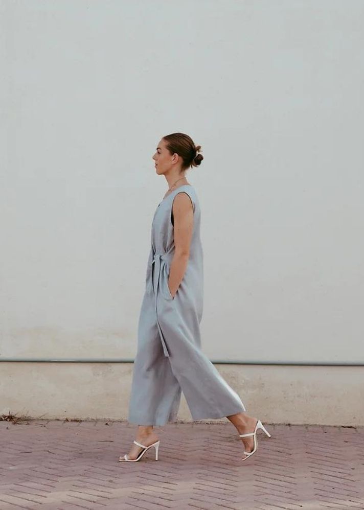 A Model Wearing Grey Linen Shobu Jumpsuit, curated by Only Ethikal