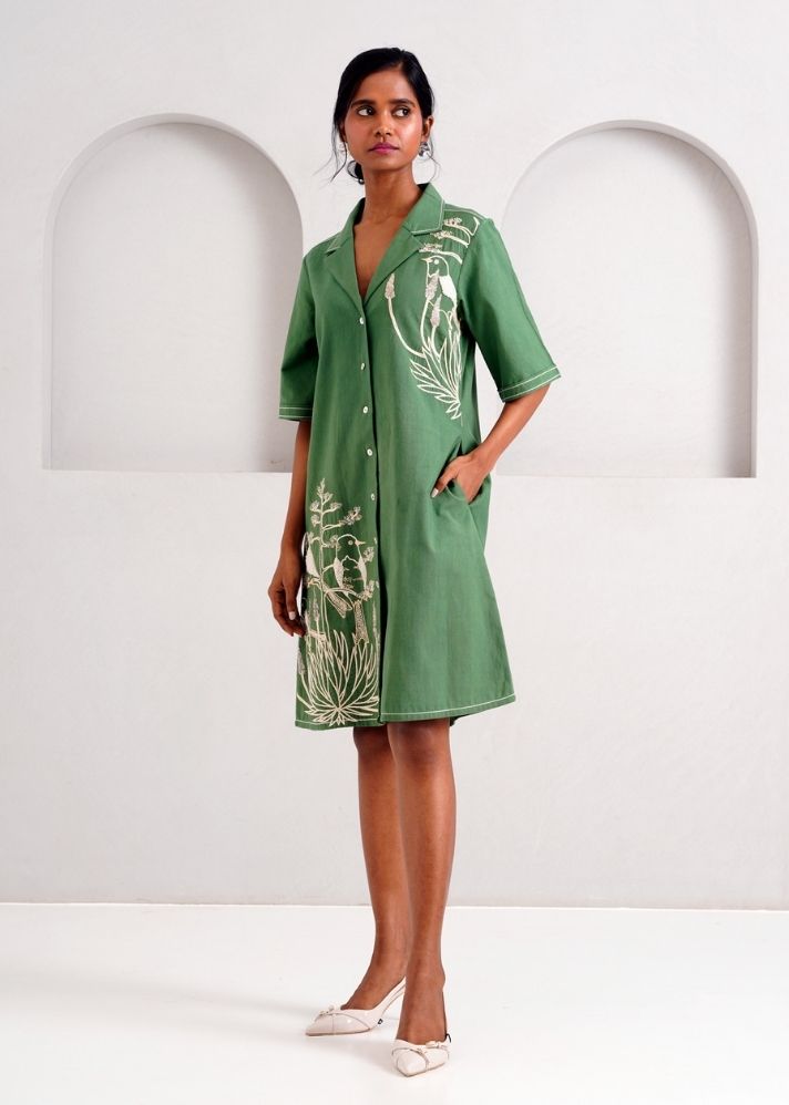 A Model Wearing Multicolor Handloom Cotton Taiwo Short Dress Green, curated by Only Ethikal