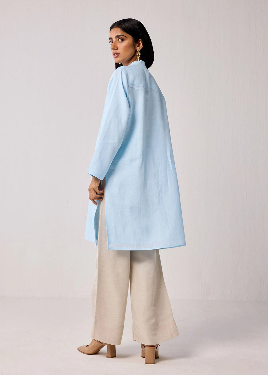 Regular Fit Hemp Tunic With Side Slits In Light Blue