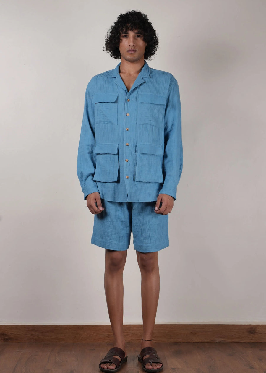 Men'S Blue Crush Cotton Pocket Shirt & Shorts Set (2 Pcs)