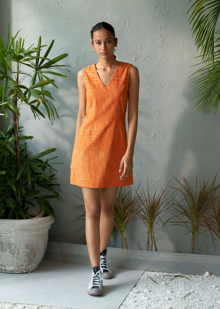 A Model Wearing Orange Pure Cotton Tang Dress, curated by Only Ethikal