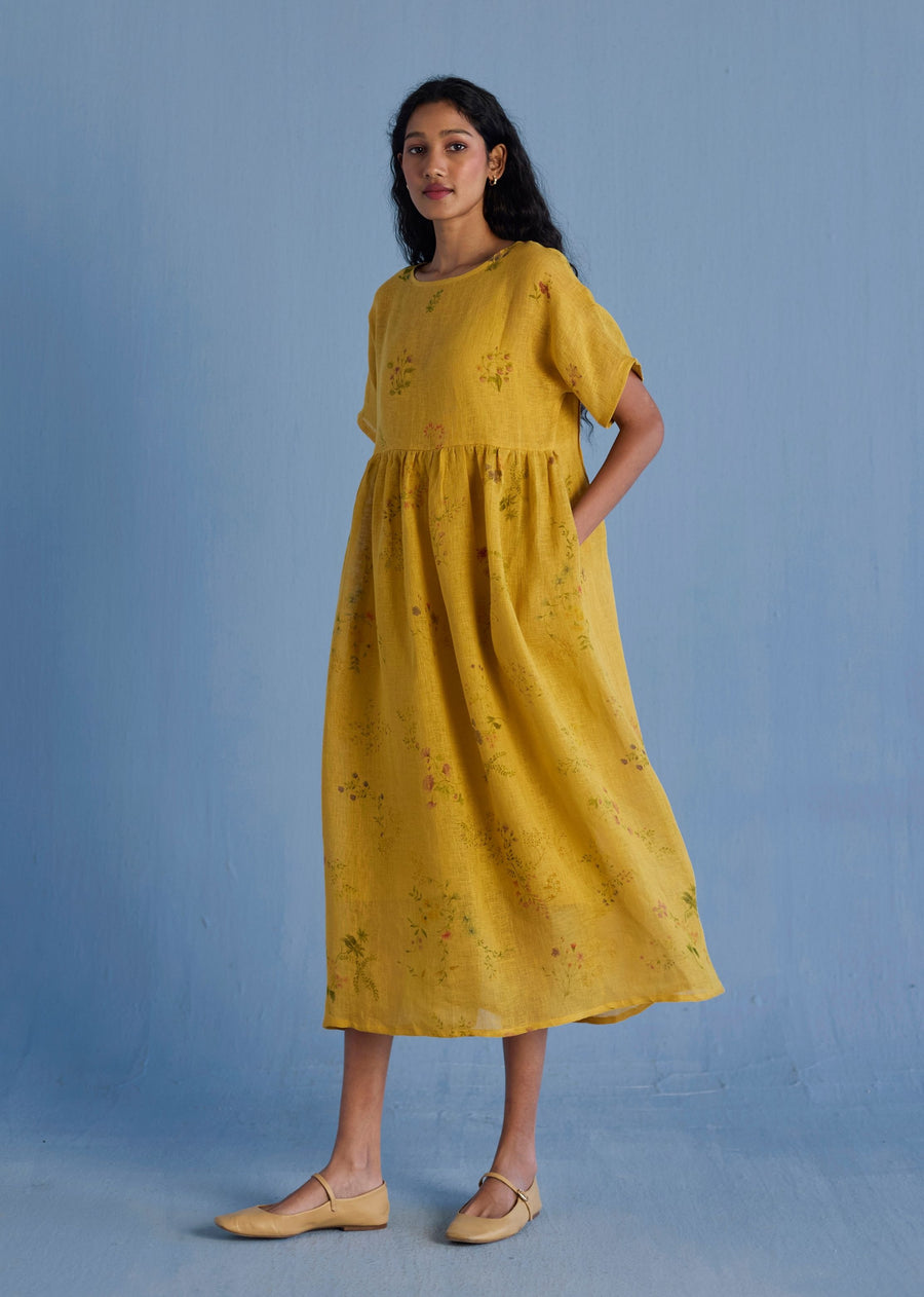 Uniko Pleated Floral Linen Dress - Ochre