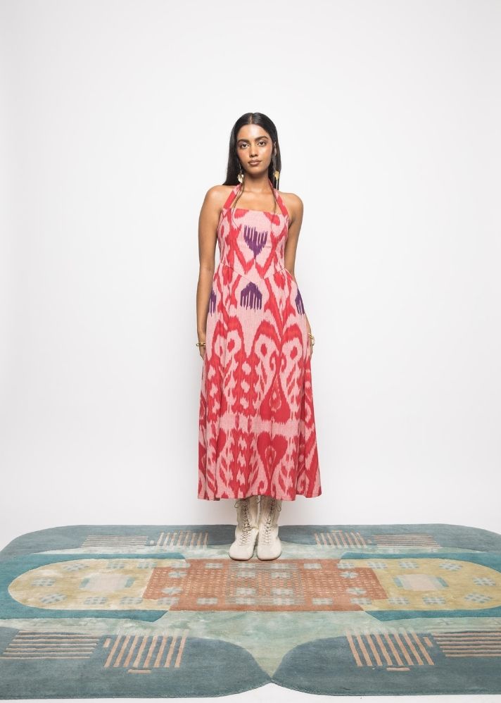 A Model Wearing Multicolor Handwoven Cotton Ikat Hakuna Matata Dress, curated by Only Ethikal