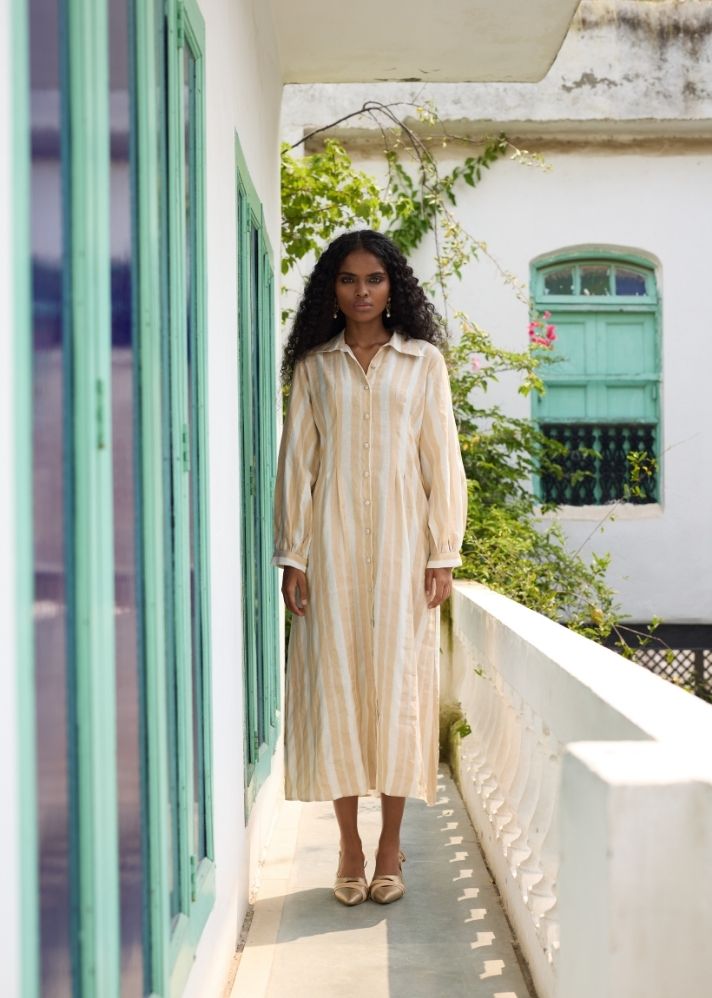 A Model Wearing White  Chanderi Cotton White Shaha  Maxi Dress, curated by Only Ethikal