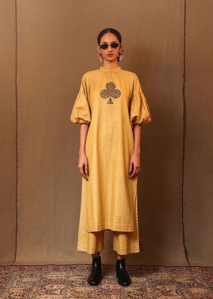 A Model Wearing Yellow Pure Cotton Mustard Big Club Tunic Set (2 Pcs), curated by Only Ethikal