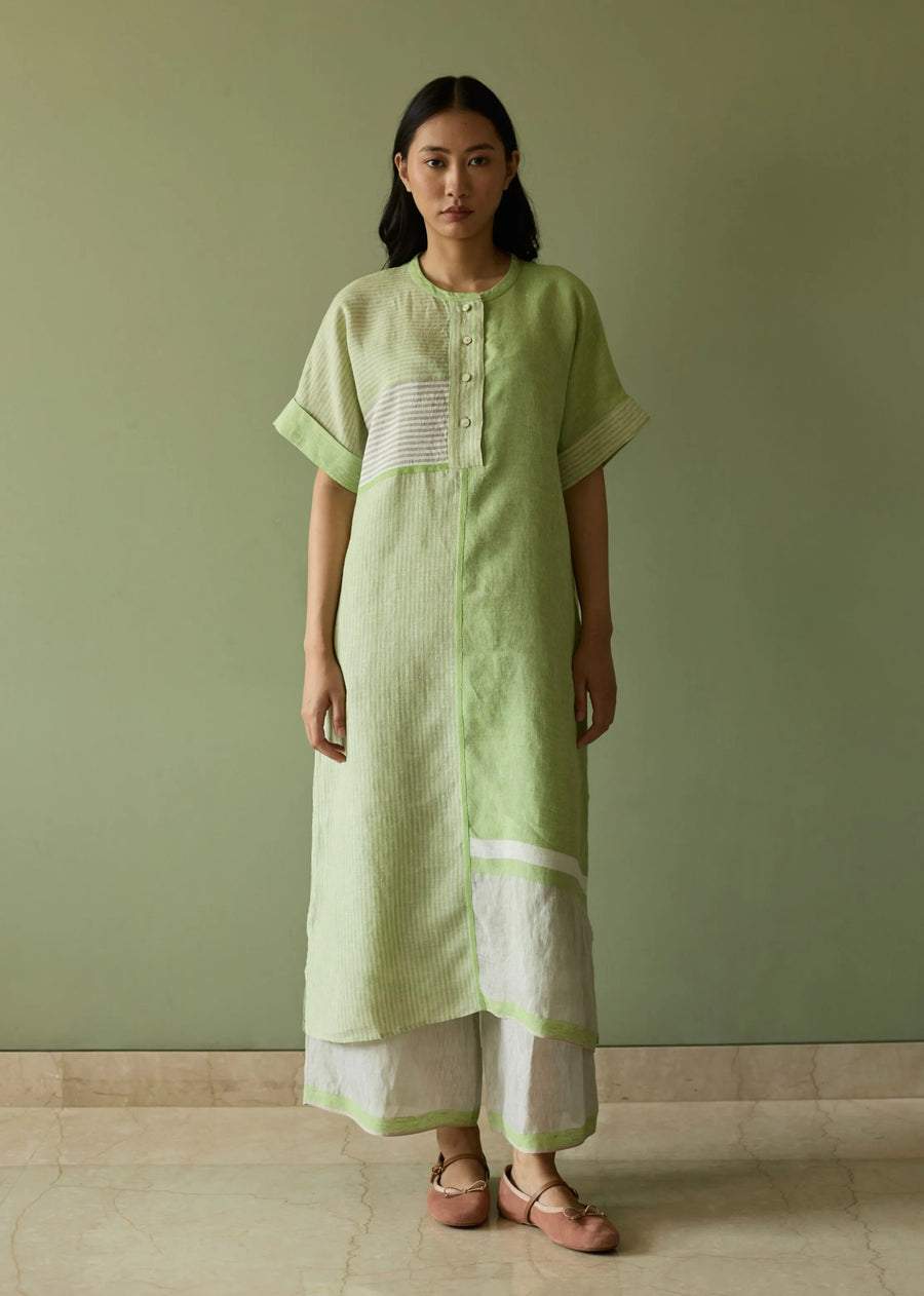 A Model Wearing Green Linen Pira Stripe Linen Tunic Kaftan- Meadow, curated by Only Ethikal