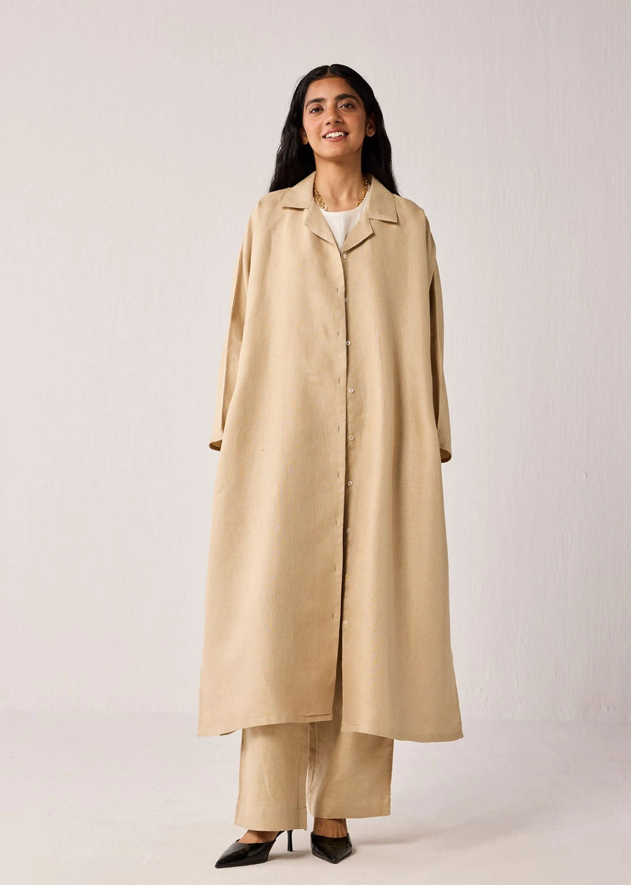 A Model Wearing Beige Hemp Oversized Lightweight Hemp Trench Coat With Side Slits In Beige, curated by Only Ethikal