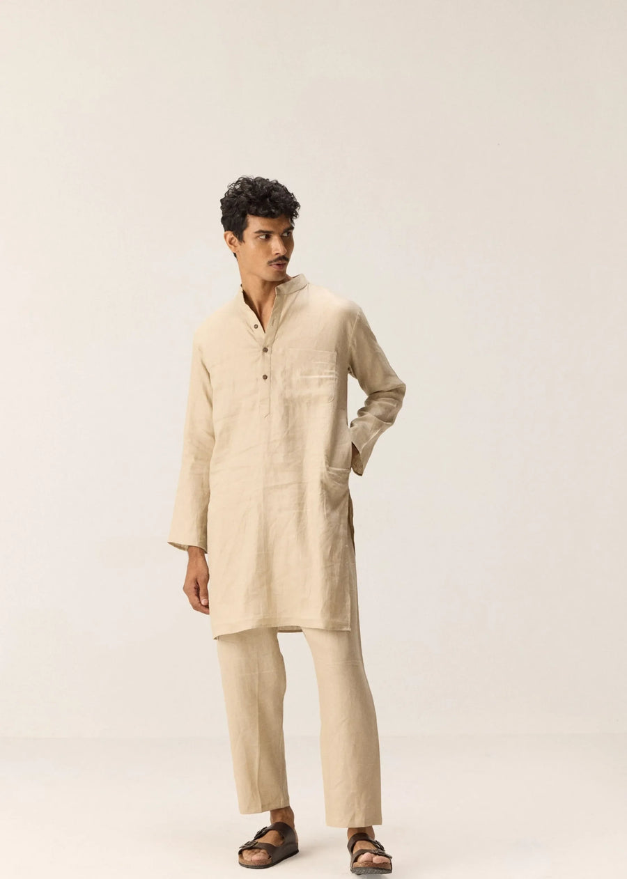 A Model Wearing Beige Linen Sandalwood Kurta Set, curated by Only Ethikal