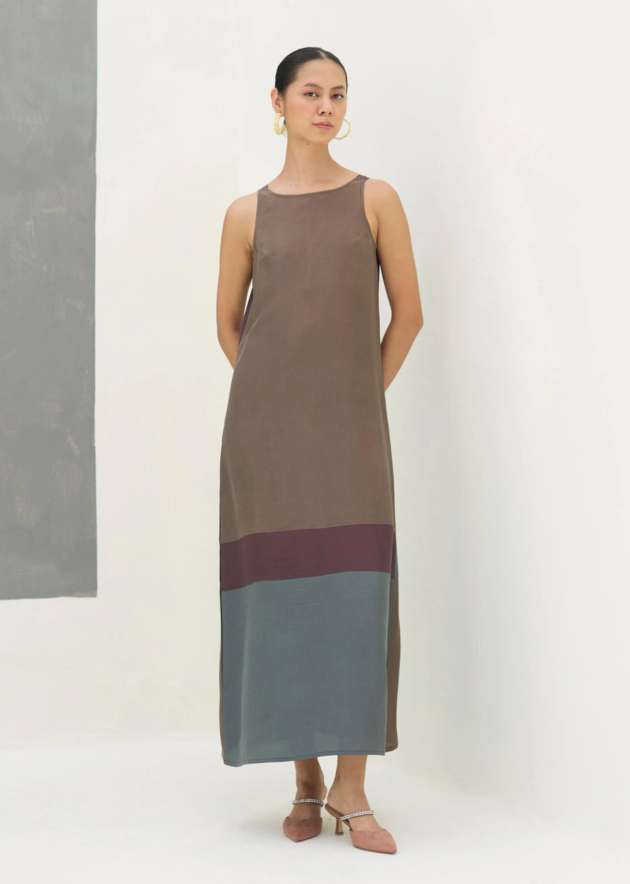 A Model Wearing Brown Silk Nida Sleeveless Mulberry Silk Dress - Taupe Grey, curated by Only Ethikal