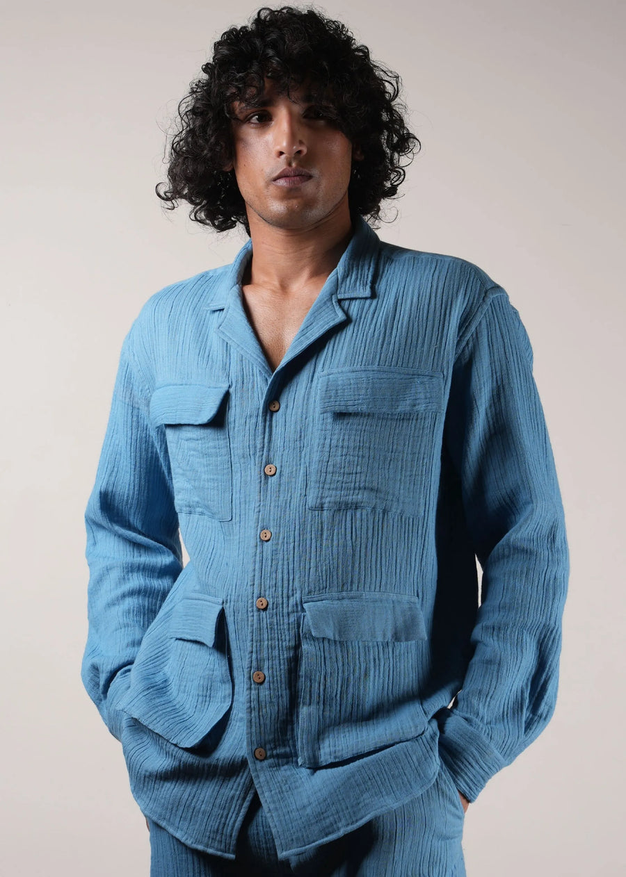 Men'S Blue Crush Cotton Pocket Shirt & Shorts Set (2 Pcs)