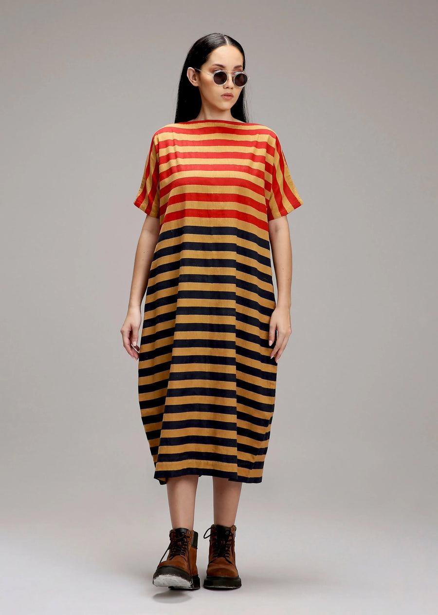 A Model Wearing Multicolor Cotton Tan-Brown Red & Blue Dual Striped Dress, curated by Only Ethikal