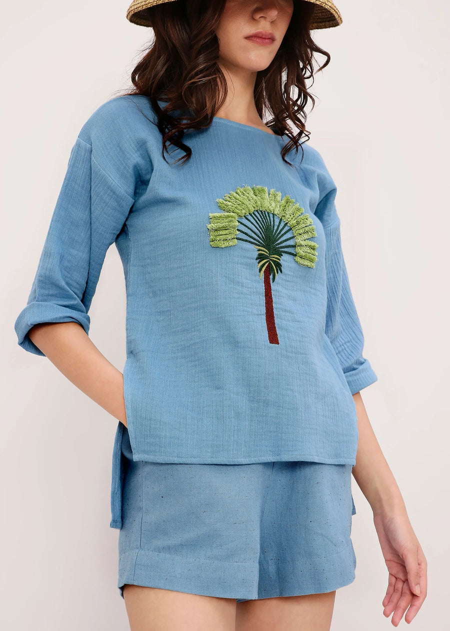 Coco Blue Embroidered Top & Shorts Set (2 Pcs)
