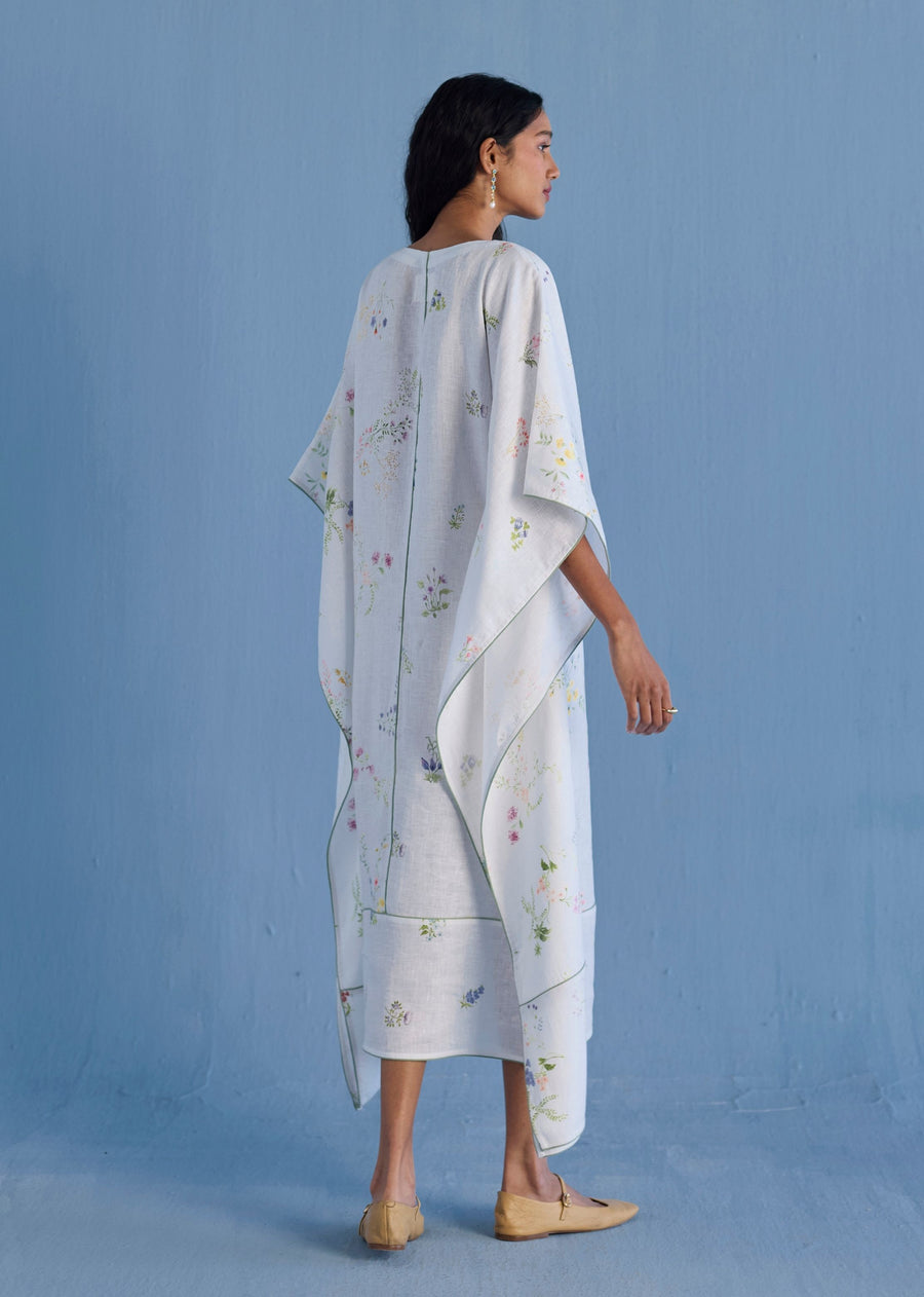 Eva Floral Linen Kaftan Dress - White