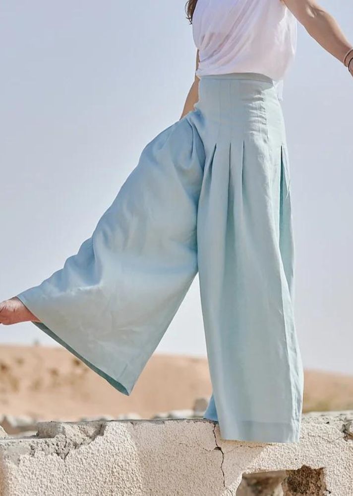 A Model Wearing Blue Linen Latifa Pants, curated by Only Ethikal