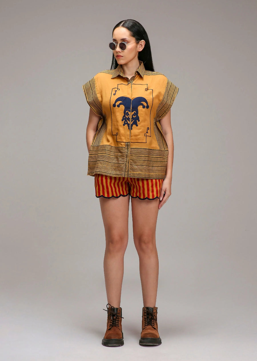 A Model Wearing Multicolor Cotton Tan-Brown Joker Shirt Shorts Set, curated by Only Ethikal