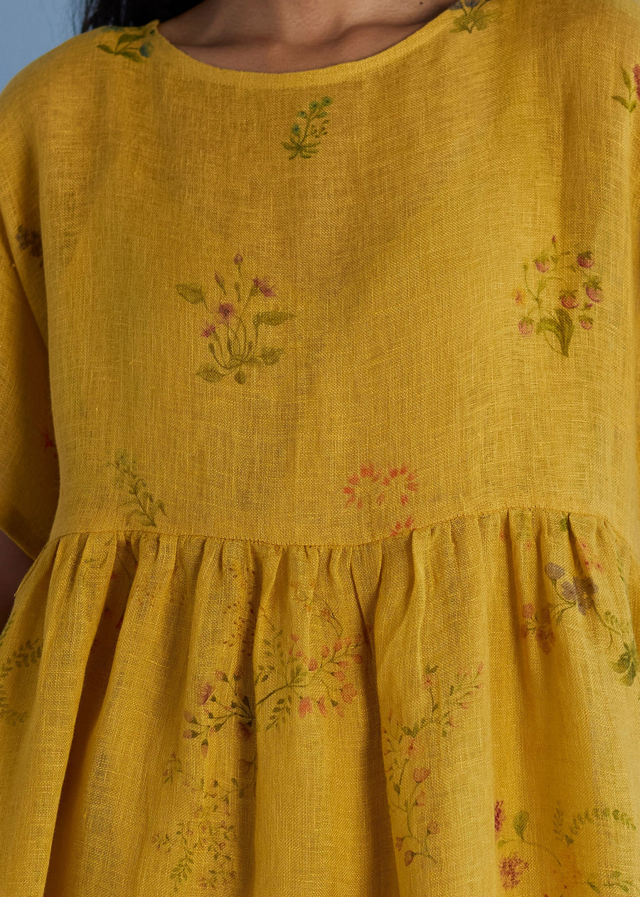 Uniko Pleated Floral Linen Dress - Ochre