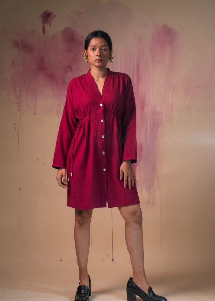 A Model Wearing Red Pure Cotton Phosphene Cinched Dress, curated by Only Ethikal