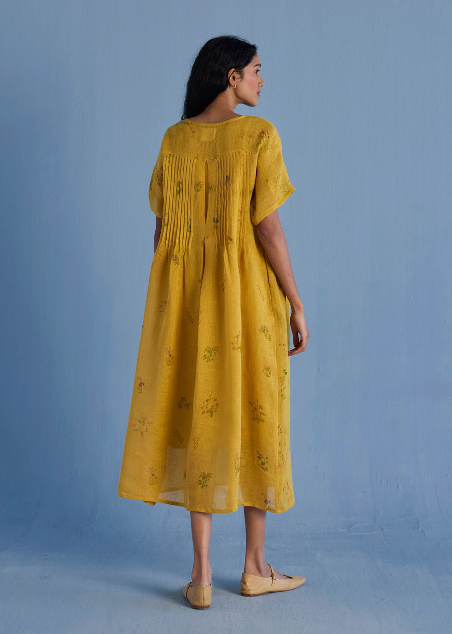 Uniko Pleated Floral Linen Dress - Ochre