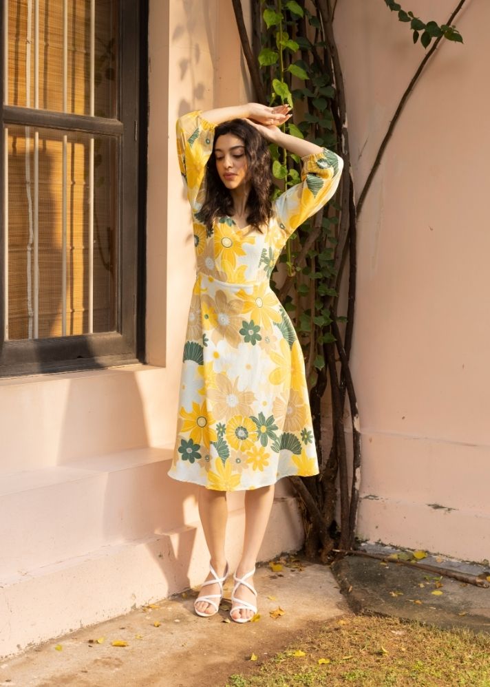 A Model Wearing Multicolor Organic Cotton Blair Dress- Mosaic Yellow Print, curated by Only Ethikal