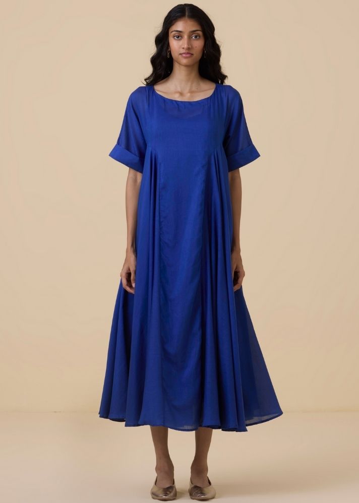 A Model Wearing Blue Cotton Silk Latifa Royal Blue Maxi Dress , curated by Only Ethikal