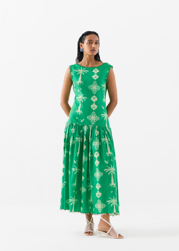 A Model Wearing Multicolor Cotton Sago Palm Long Dress, curated by Only Ethikal