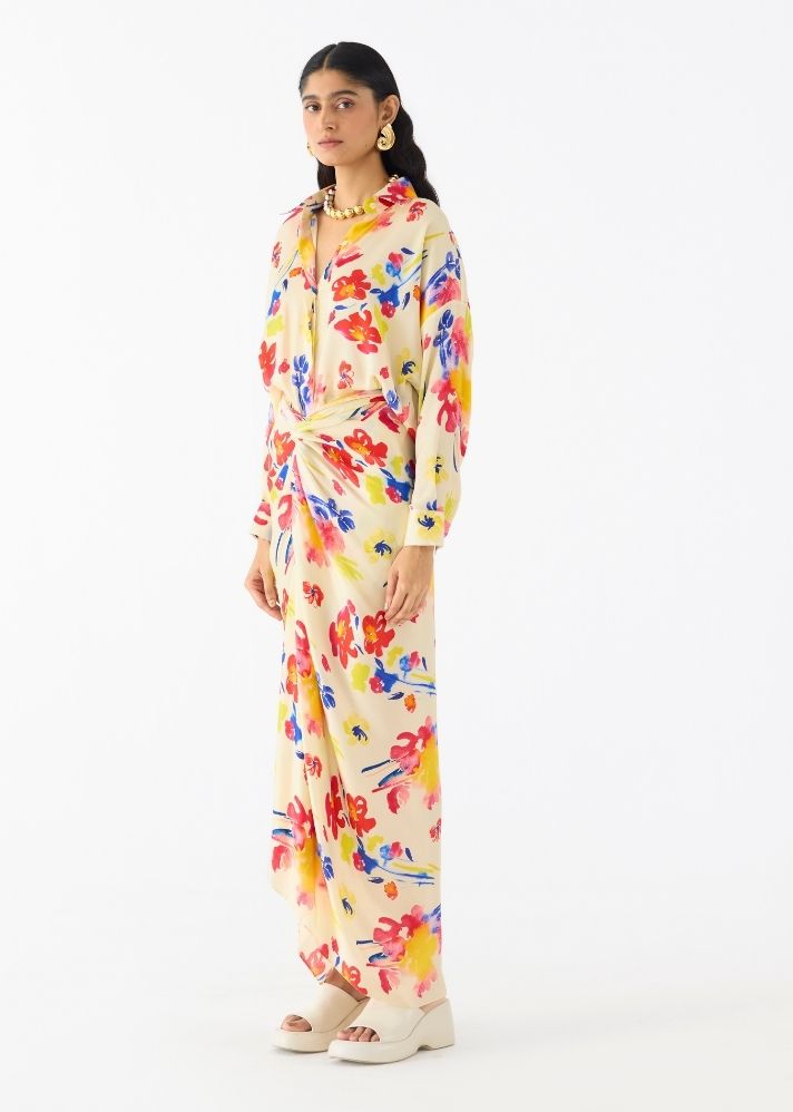 A Model Wearing Multicolor Vegan Silk Riad Draped Shirt Dress, curated by Only Ethikal