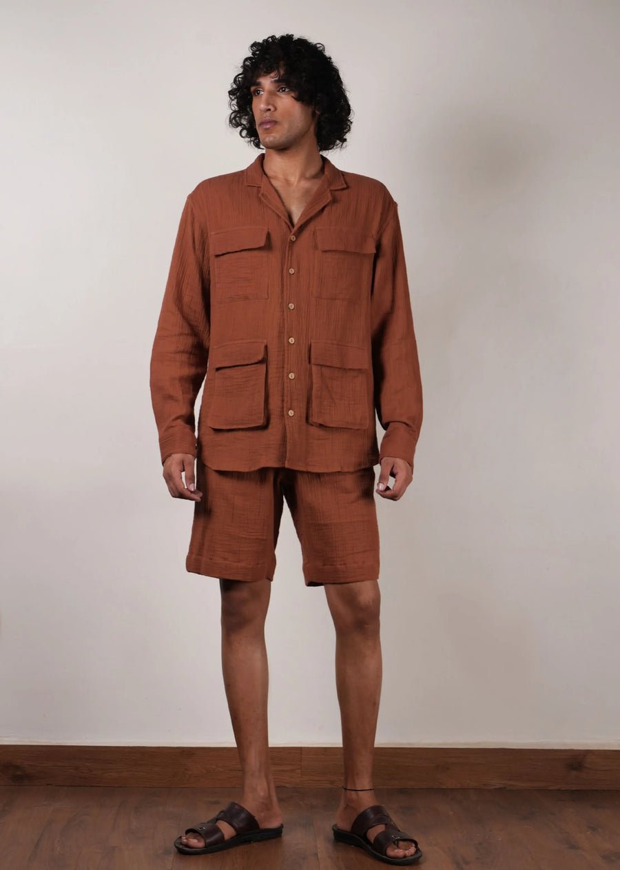Men'S Brown Crush Cotton Pocket Shirt & Shorts Set (2 Pcs)