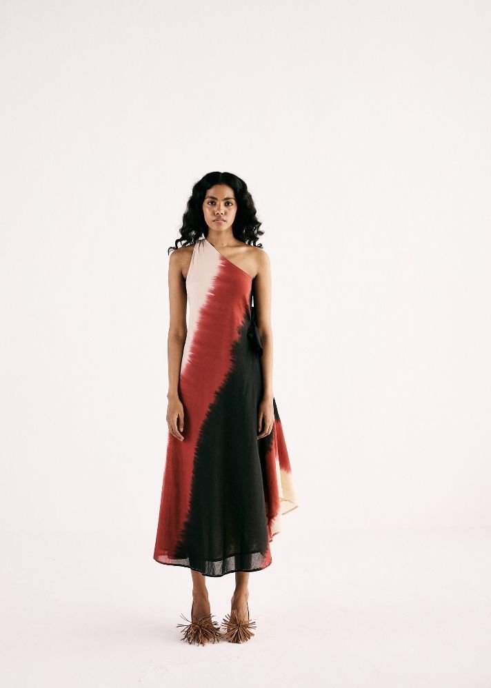 A Model Wearing Multicolor Cotton Mul Red Horizon Dress, curated by Only Ethikal