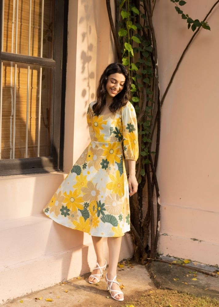 A Model Wearing Multicolor Organic Cotton Blair Dress- Mosaic Yellow Print, curated by Only Ethikal