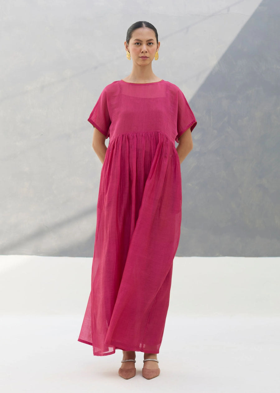 A Model Wearing Pink Chanderi Silk Vara Sheer Silk Chanderi Dress - Rose, curated by Only Ethikal