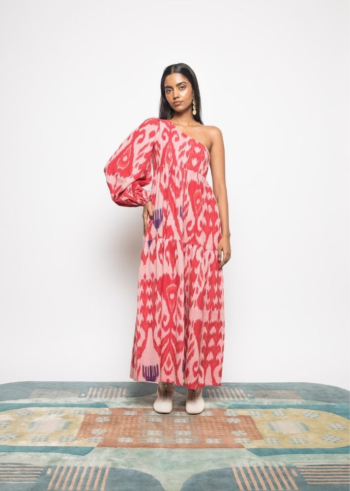 A Model Wearing Multicolor Handwoven Cotton Ikat One Shoulder Tier Maxi, curated by Only Ethikal